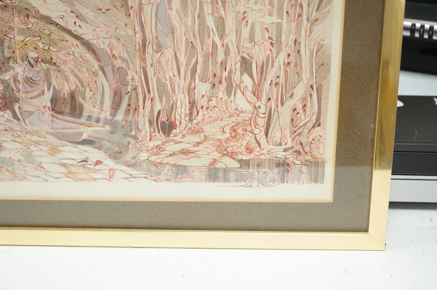 Hasting, surreal illustration with knight on horseback above a river, signed and dated ‘79, pen, ink and wash, 53 x 34cm